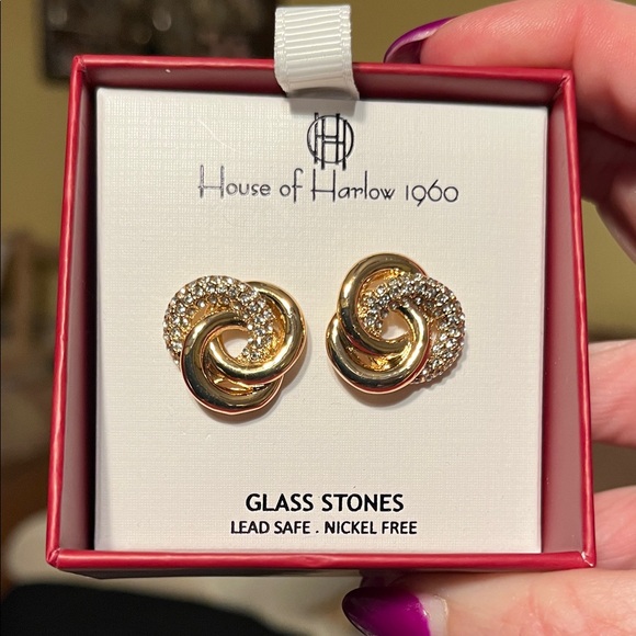 NIB House of Harlow 1960 Gold and Rhinestone Twisted Earrings Pierced - Picture 1 of 6